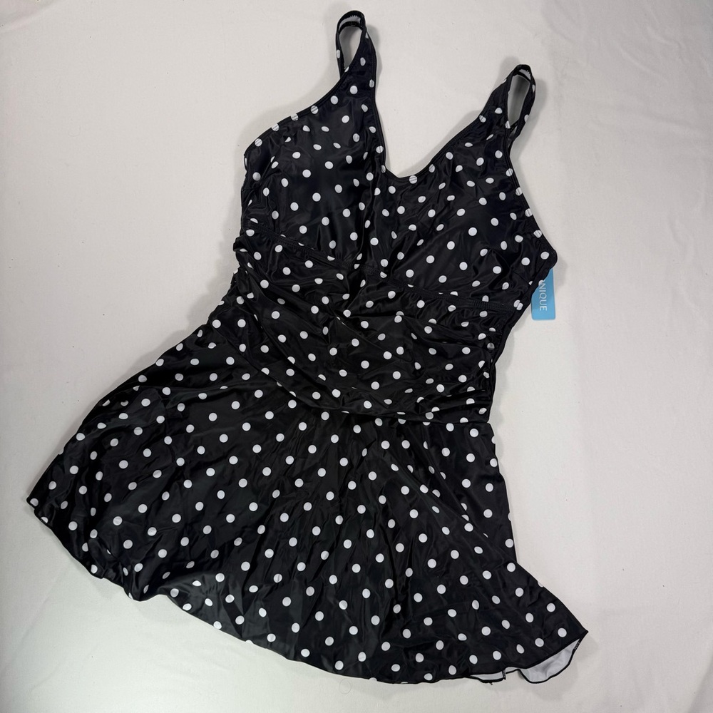 NWT | Yonique Black Polka Dot Swimdress with White Dots | XL